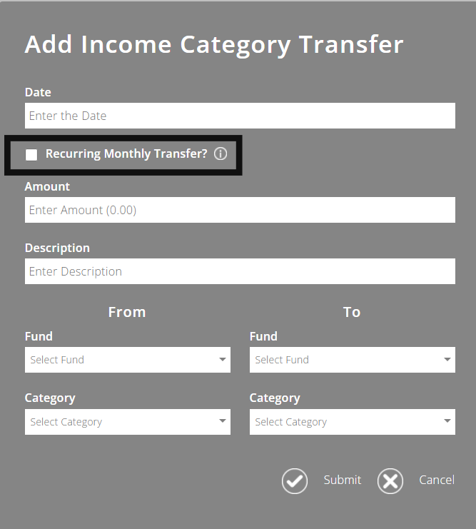 ExpensePlus Income Category Transfer screen