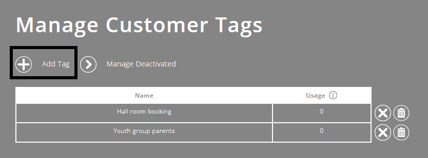 ExpensePlus screenshot of the 'Manage Customer Tags' pop-up, with 'Add Tag' highlighted