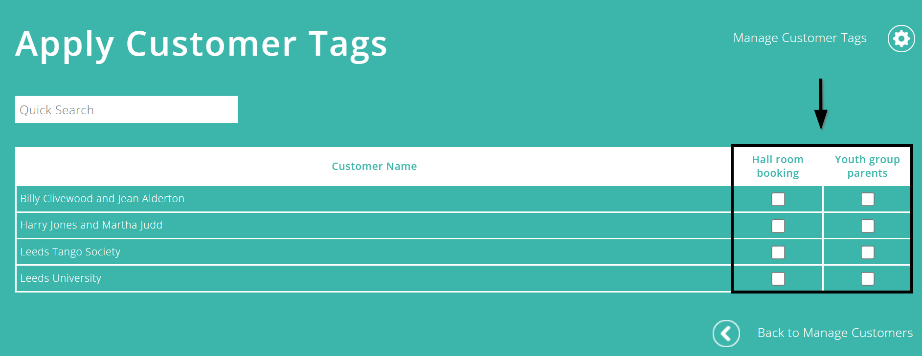 ExpensePlus screenshot of the 'Apply Customer Tags' screen, showing where tags are selected