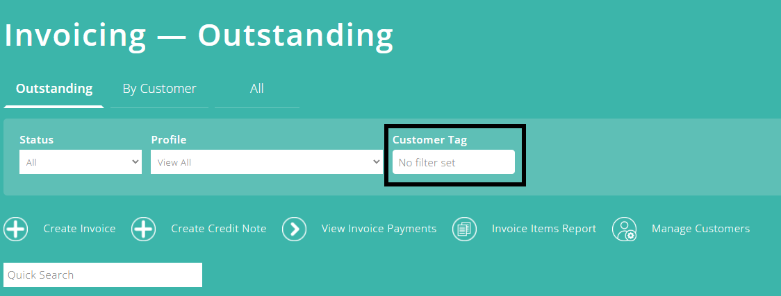 ExpensePlus screenshot of the 'Invoicing' screen, with 'Customer Tag' filter highlighted