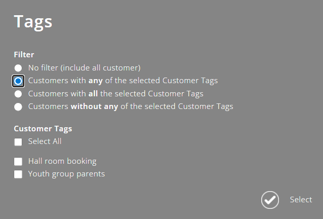 ExpensePlus screenshot of the 'Tags' filter pop-up