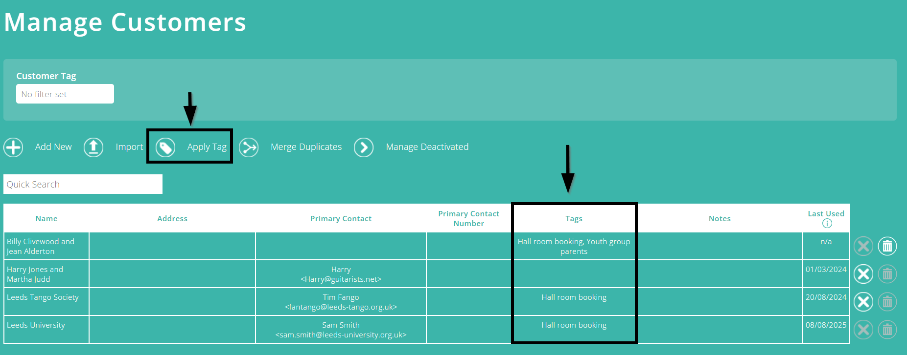 ExpensePlus screenshot of the 'Manage Customers' screen, with 'Apply Tag' and 'Tags' column highlighted