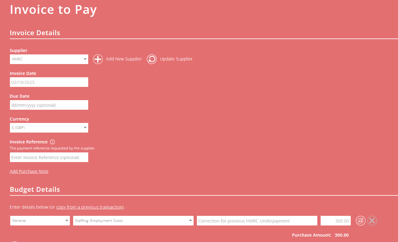 ExpensePlus Invoice to Pay screen