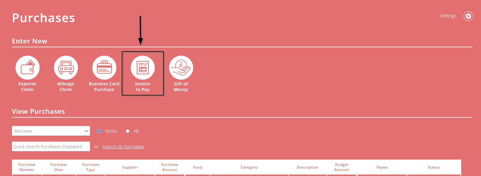 ExpensePlus Purchases screen highlighting invoice to pay button