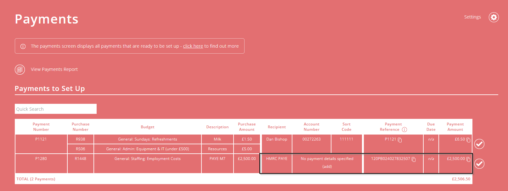 ExpensePlus payments screen showing an example of the process outlined in the above paragraph