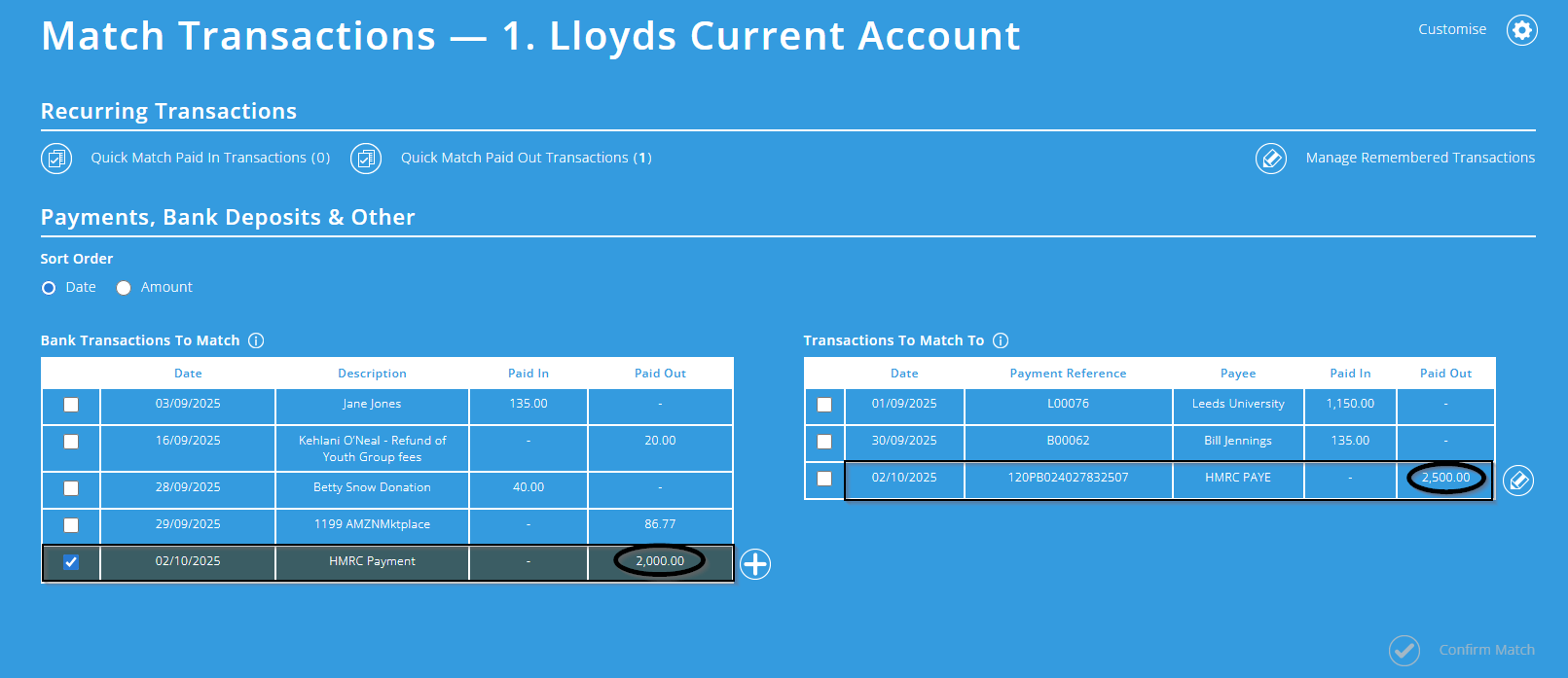 ExpensePlus match transactions screen showing payments not matching because the amount Paid Out is different