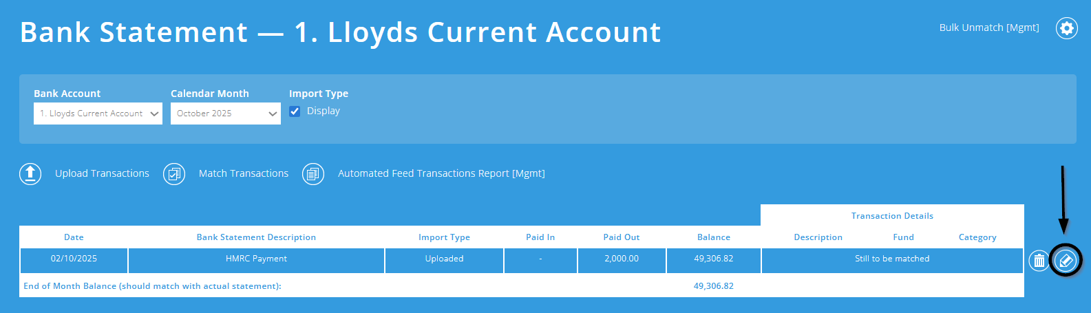 ExpensePlus bank statement screen highlighting the edit button