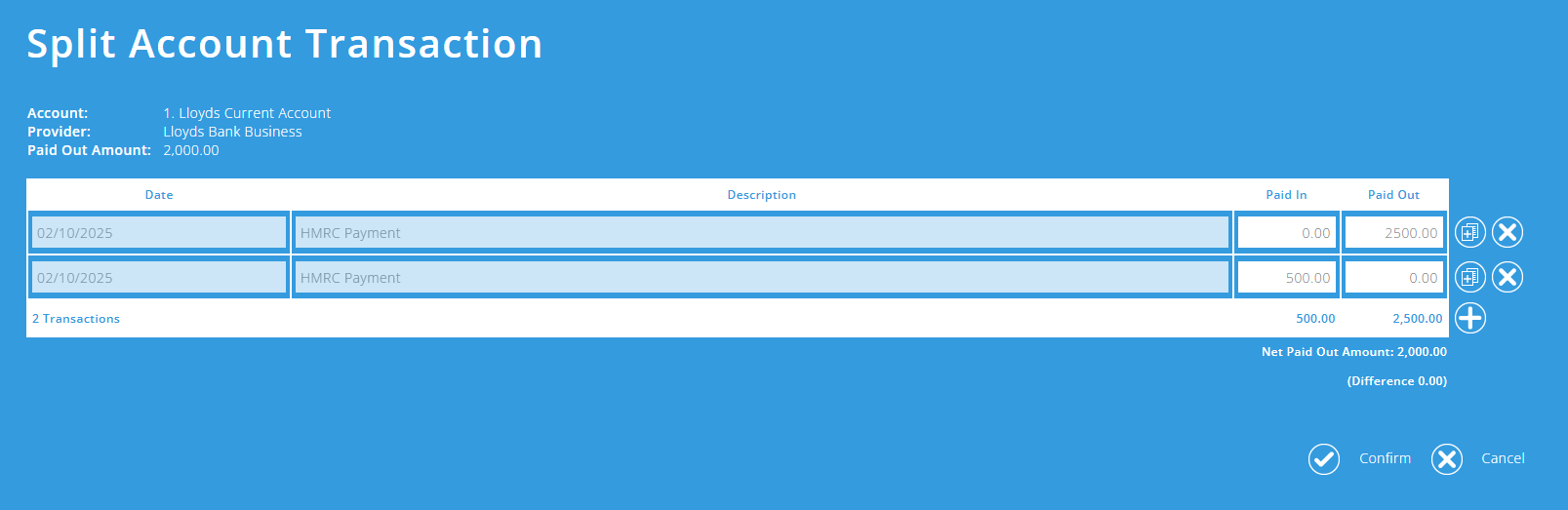 ExpensePlus Split Account Transaction screen