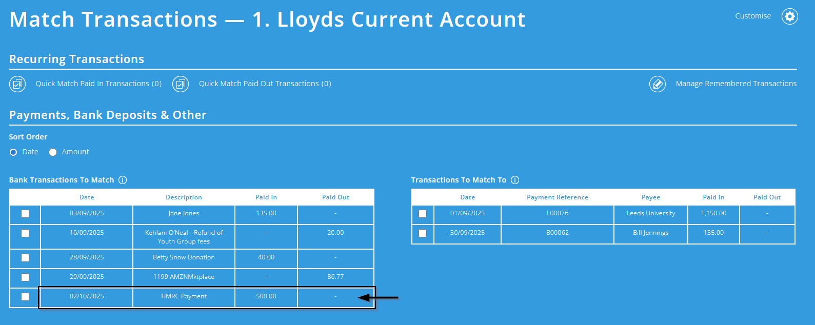 ExpensePlus Match Transactions screen highlighting the £500 paid in transaction from the example in the above paragraph