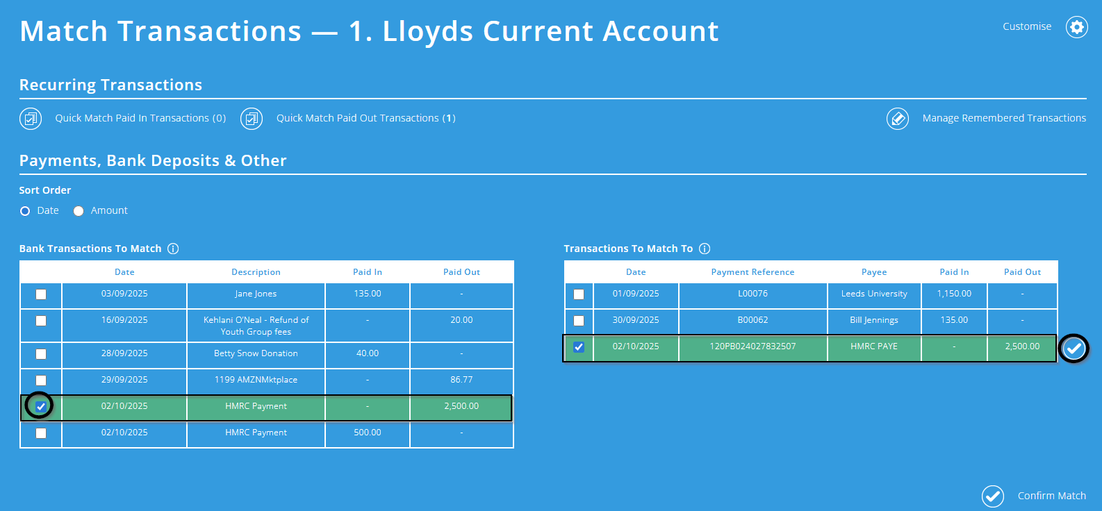 ExpensePlus Match Transactions screen highlighting transactions that match