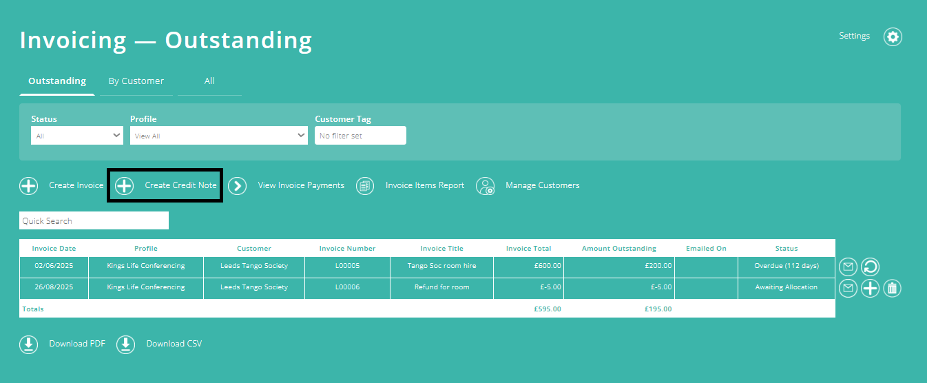 ExpensePlus screenshot of Invoicing screen, highlighting 'Create Credit Note'  button