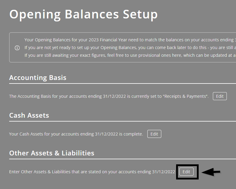 Opening Balances Setup screen showing where to add other assets and liabilities