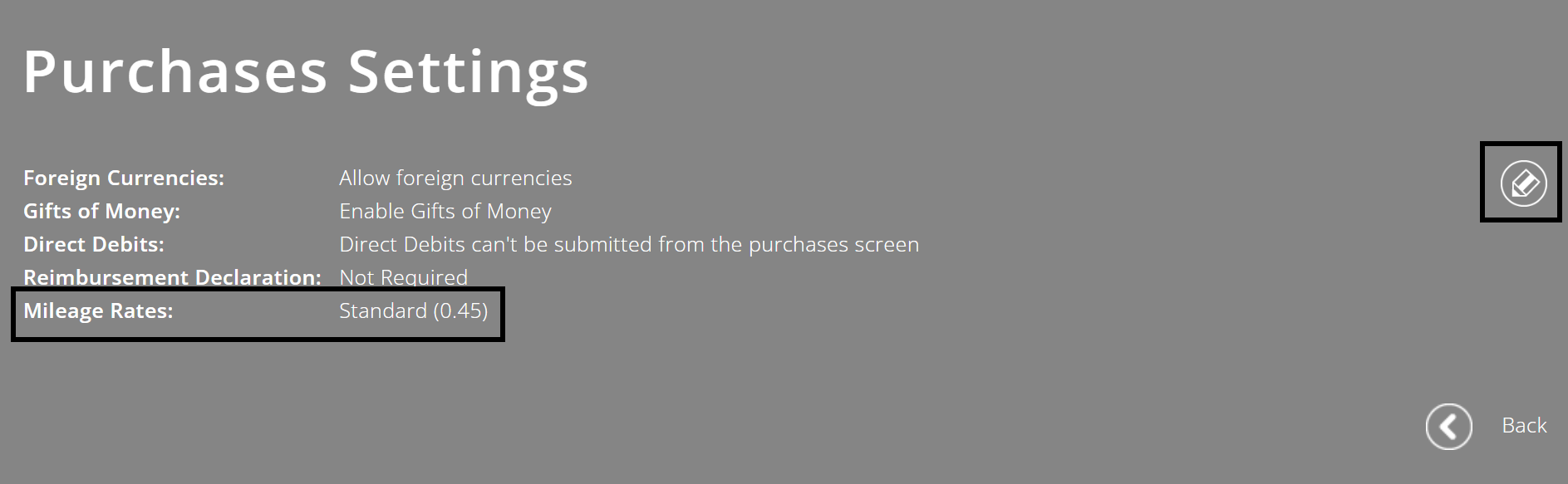 Screenshot of Purchases Settings screen