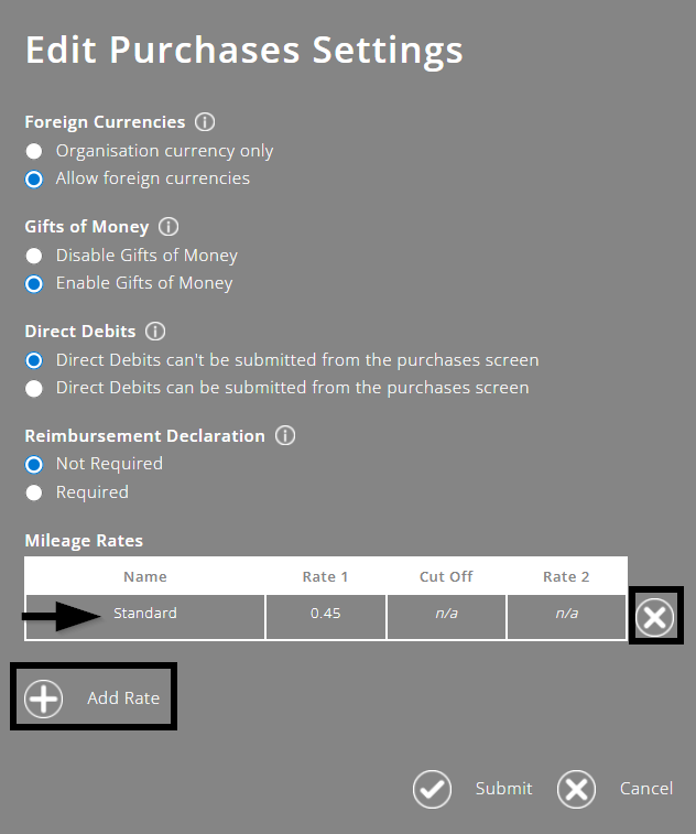 Screenshot of edit purchases settings popup