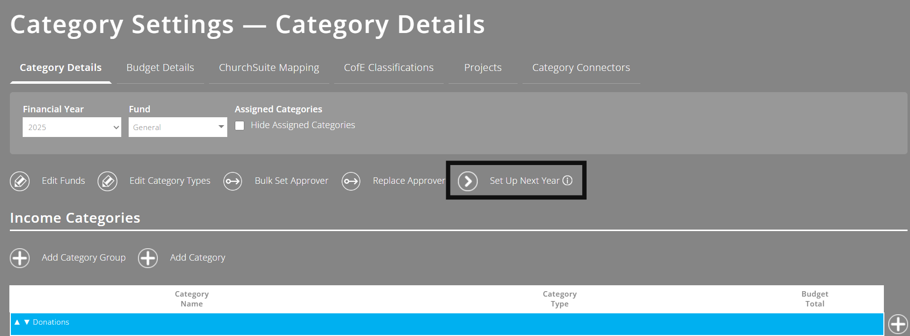 ExpensePlus Category Settings screen highlighting Set Up Next Year button