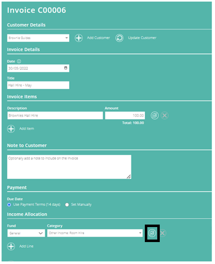 ExpensePlus screenshot of an invoice, with 'Duplicate line' button highlighted