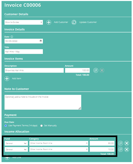 ExpensePlus screenshot, highlighting separate lines for 'credit note' and 'invoice reminder' totals