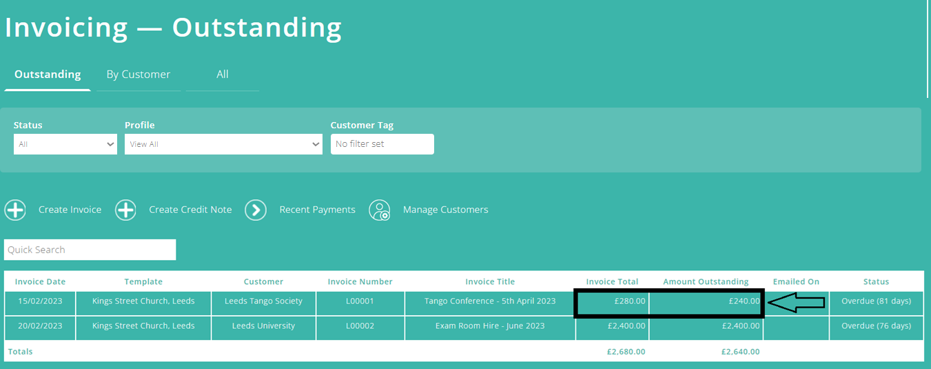 ExpensePlus screenshot highlighting an invoice that's received a part payment against its total balance