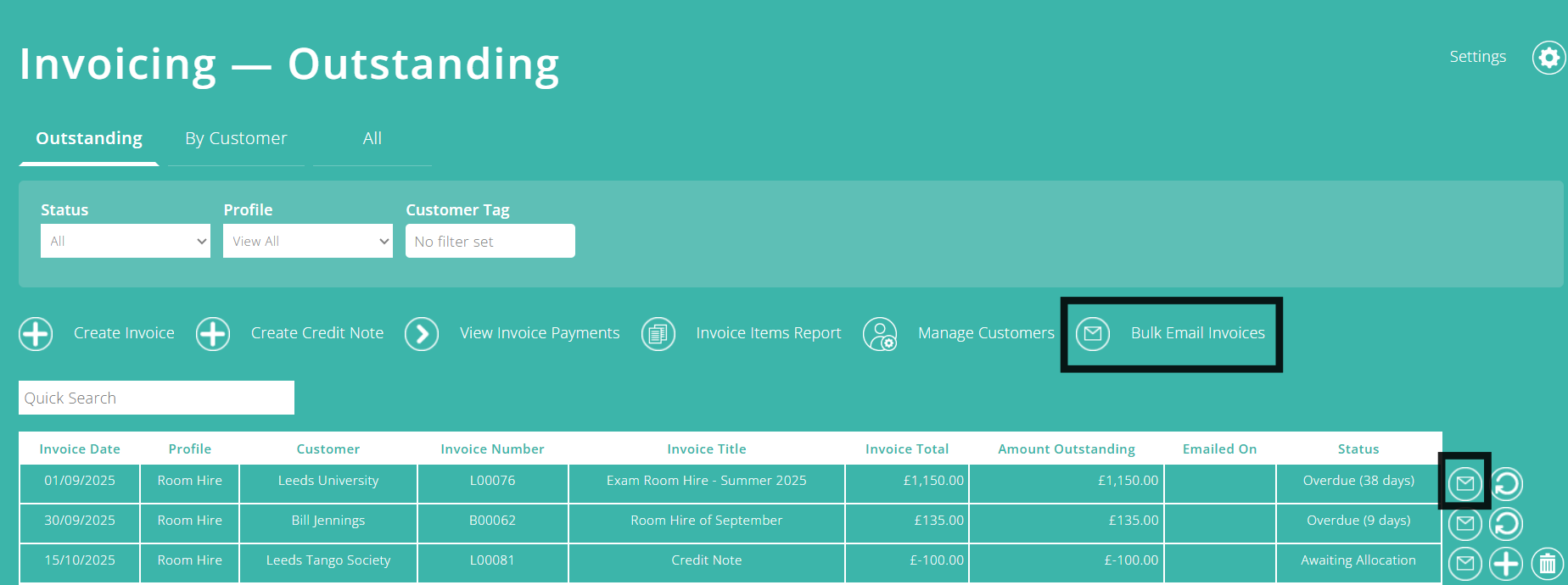 ExpensePlus Invoicing - Outstanding screen highlighting the email button and Bulk Email Invoices button