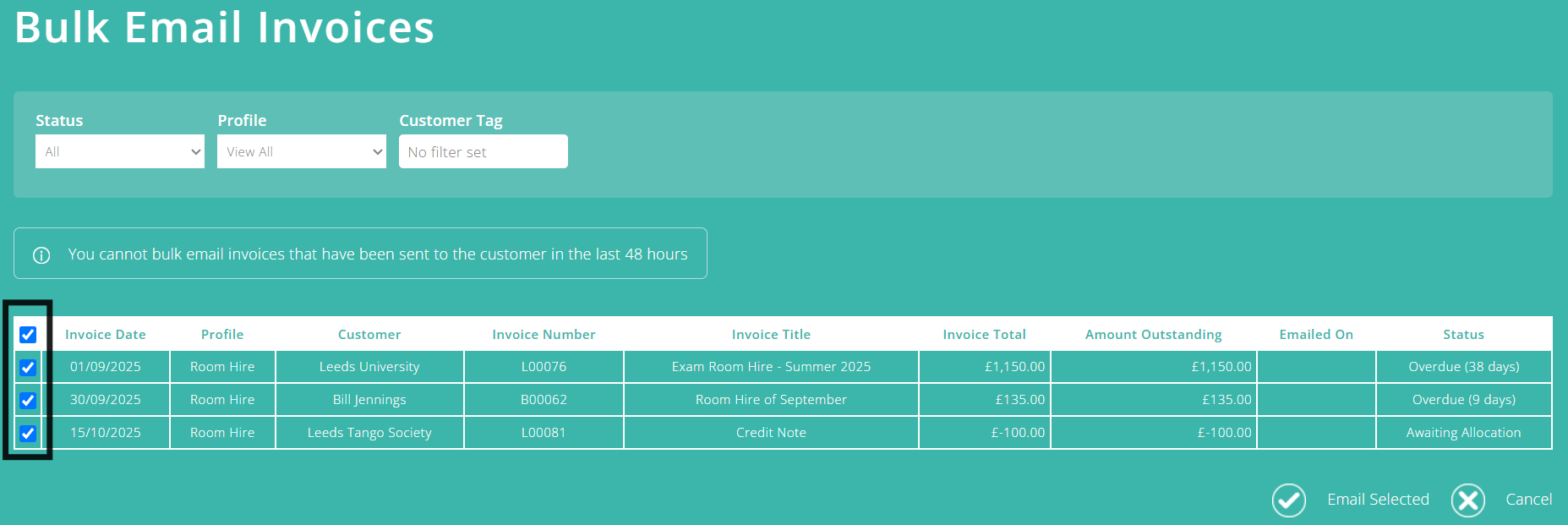 ExpensePlus Bulk Email Invoices screen