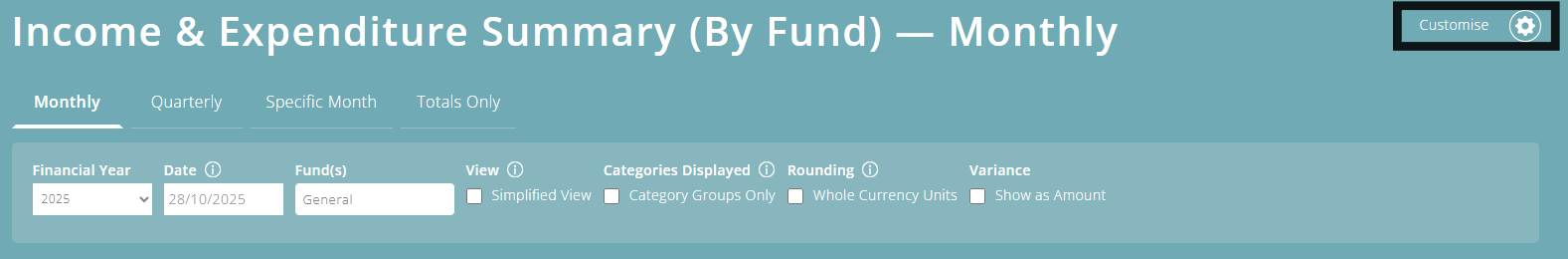 ExpensePlus Income & Expenditure Summary (By fund) screen highlighting the Customise button