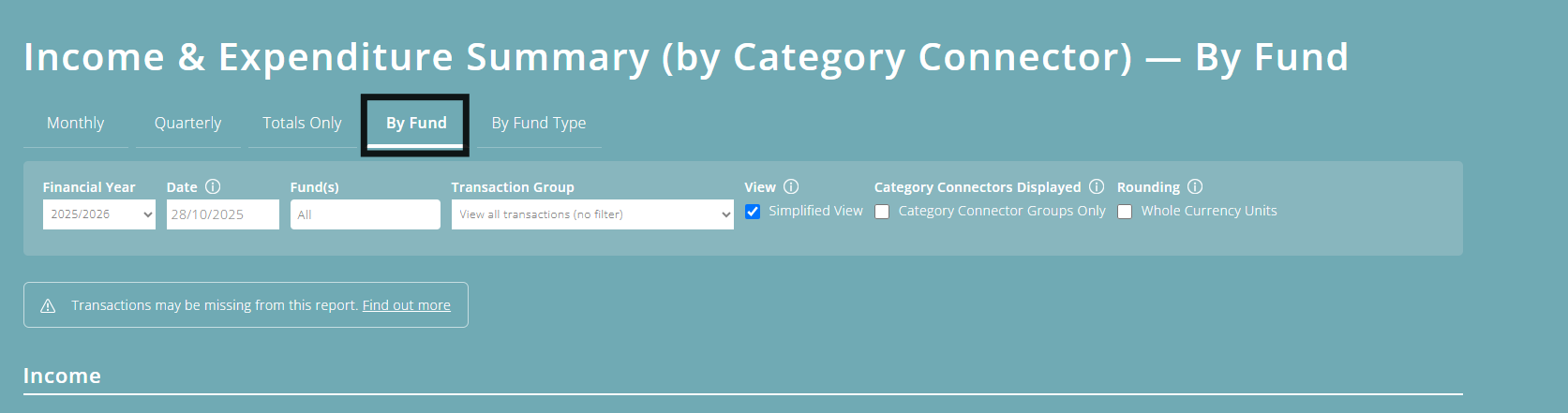 ExpensePlus Income & Expenditure Summary (by Category Connector) Report screen