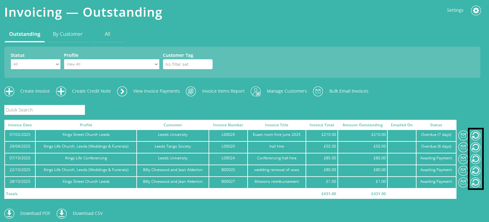 ExpensePlus screenshot of Invoicing screen, highlighting the 'Change Invoice Status' buttons