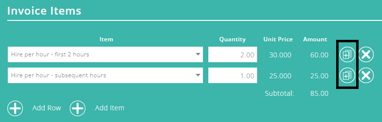 ExpensePlus screenshot of an invoice, highlighting the 'Duplicate item' button in the 'Invoice items' section