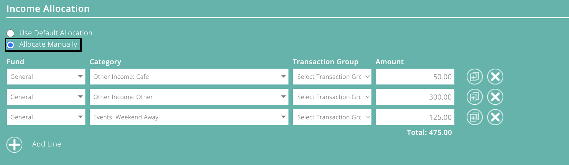 ExpensePlus screenshot of an invoice, highlighting the 'Allocate Manually' option in the 'Income Allocation' section