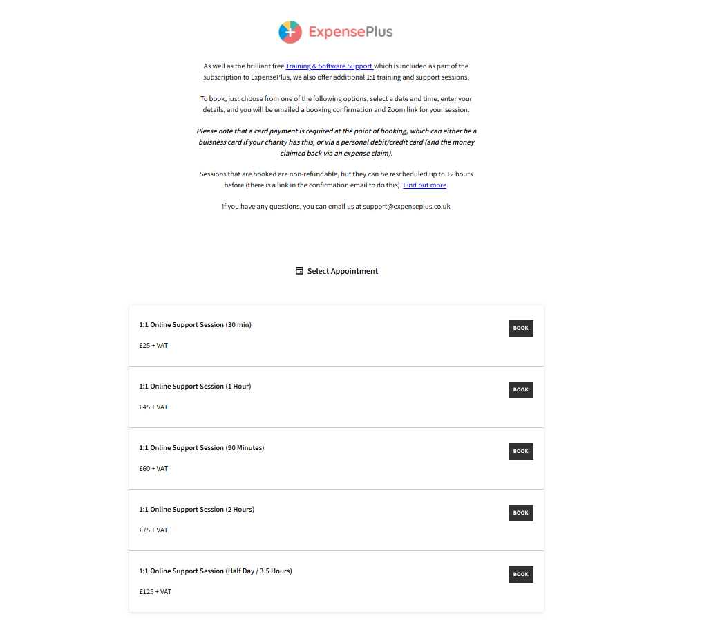 ExpensePlus additional 1:1 support booking page