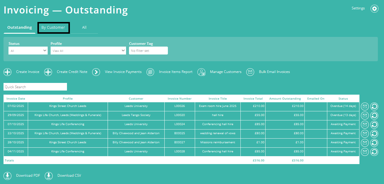 ExpensePlus screenshot of the Invoicing screen, with the 'By customer' tab highlighted