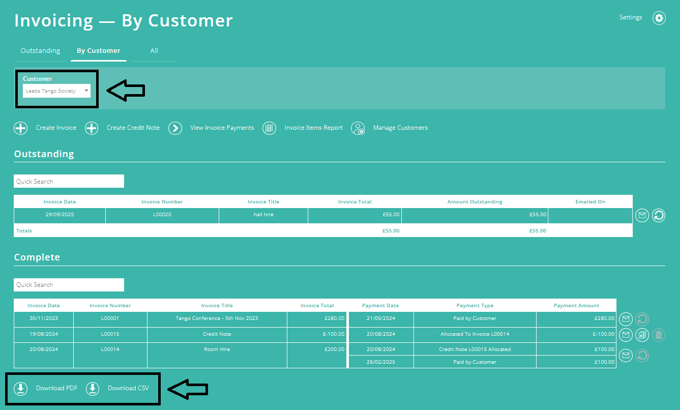 ExpensePlus screenshot of the 'Invoicing - by Customer' screen, highlighting the customer drop-down and the PDF and CSV download buttons