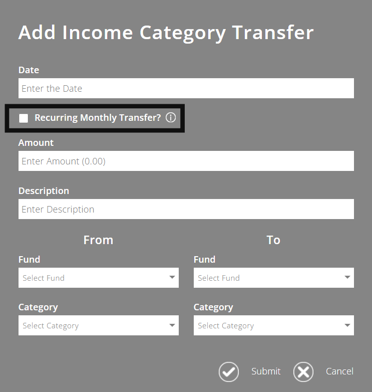 ExpensePlus add category transfer pop up screen highlighting the recurring monthly transfer? checkbox