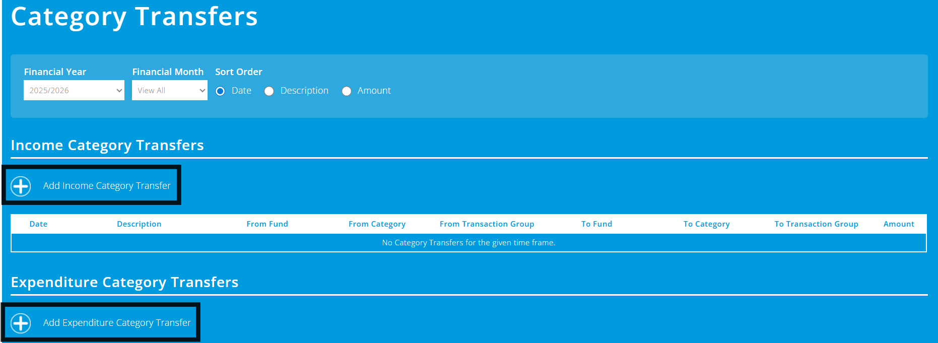 ExpensePlus Category Transfers screen highlighting the add income category transfer button and the add expenditure category transfer button