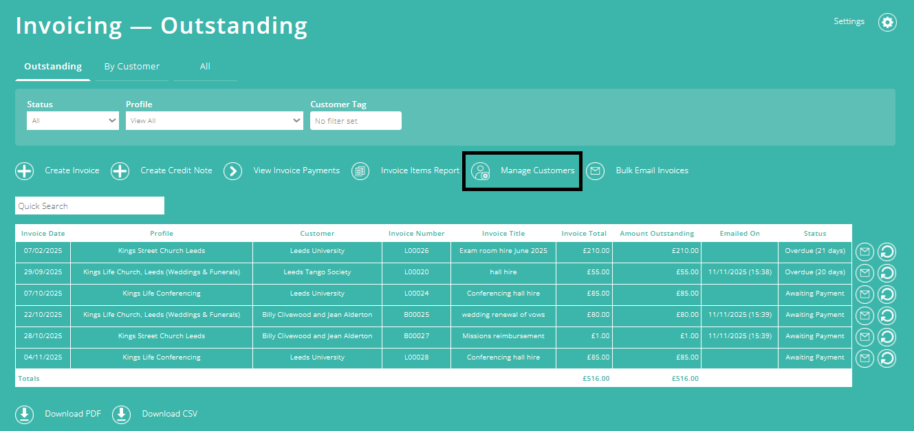 ExpensePlus screenshot of the Invoicing screen, highlighting 'Manage Customers'