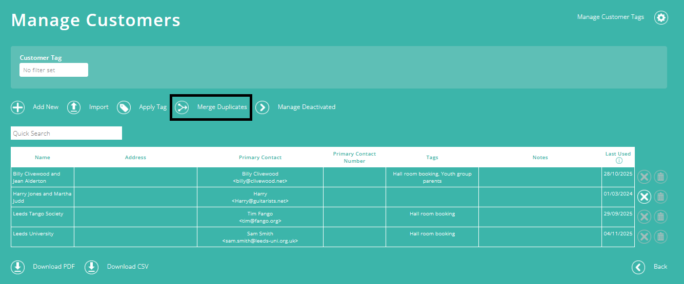 ExpensePlus screenshot of the 'Manage Customers' screen, highlighting 'Merge Duplicates'