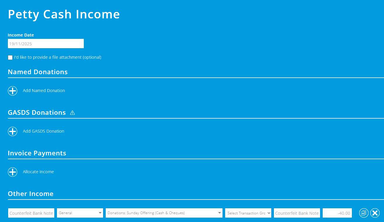 ExpensePlus petty cash income screen with an example negative income recorded