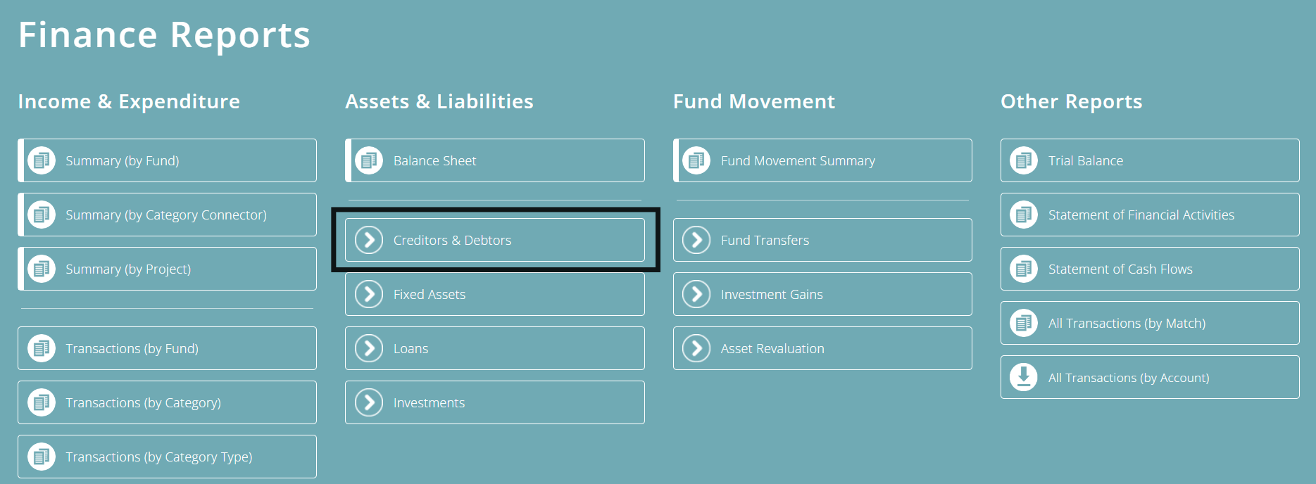 ExpensePlus Finance Reports screen highlighting the Creditors & Debtors report