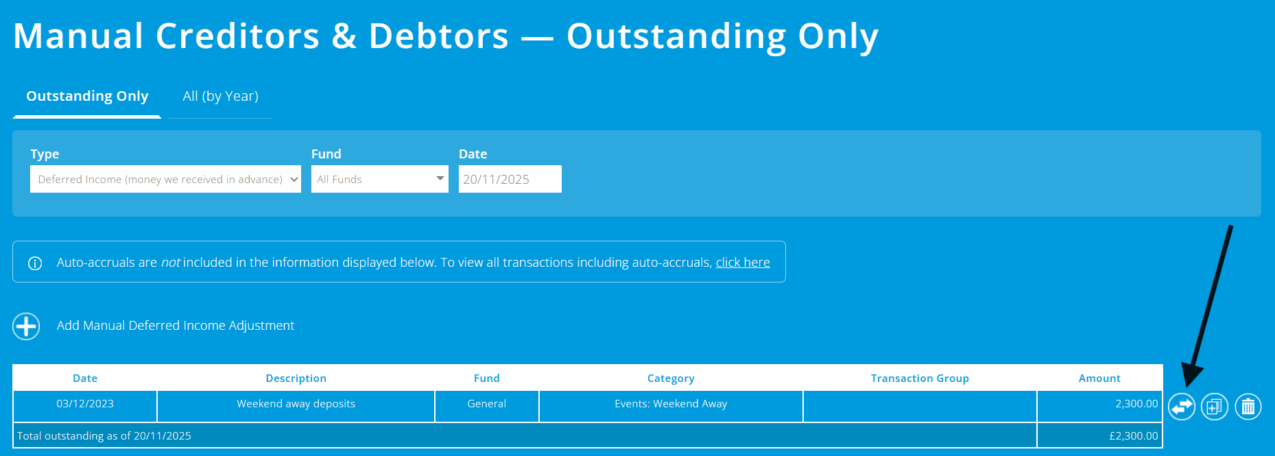 ExpensePlus Manual Creditors & Debtors screen highlighting the Reverse button on a manually entered deferred income adjustment