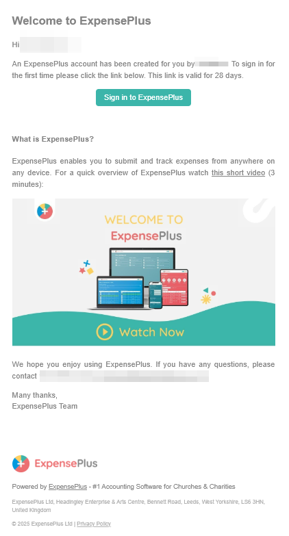 Example of welcome email sent to new users of ExpensePlus