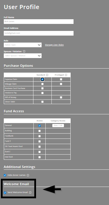 ExpensePlus screenshot of user profile screen, highlighting the box to untick