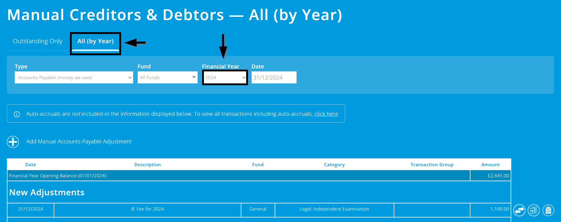 ExpensePlus screenshot of manual creditors and debtors screen