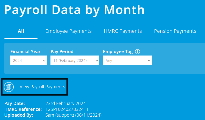 ExpensePlus Payroll Data by Month screen highlighting View Payroll Payments icon