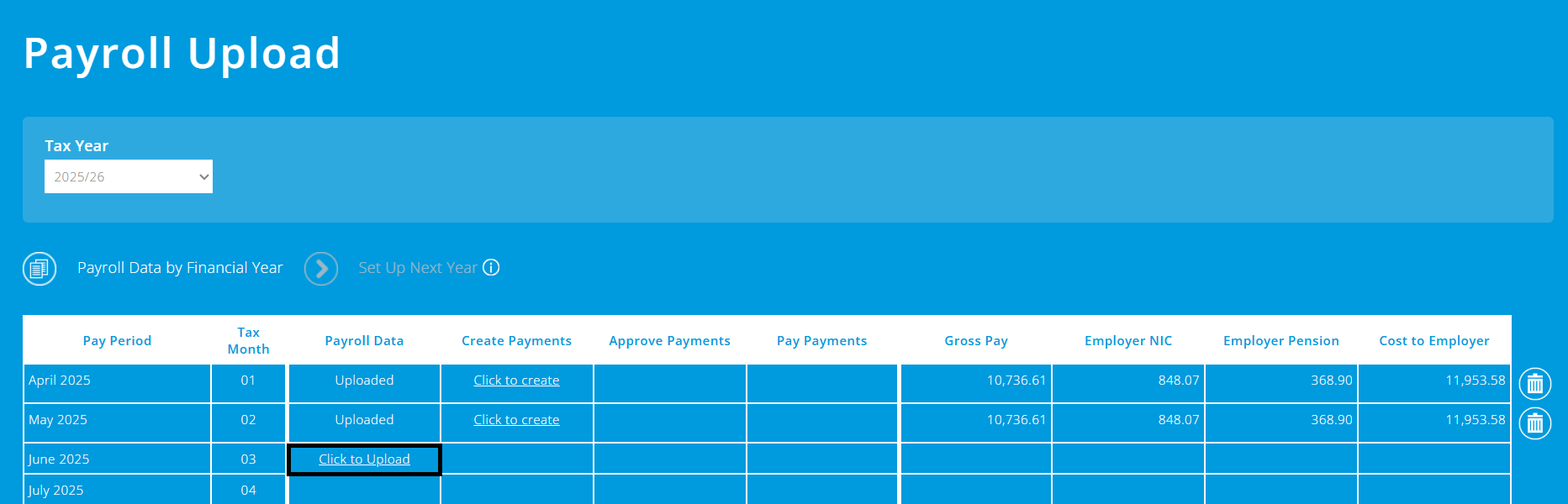 ExpensePlus Payroll Upload screen highlighting the Click to upload button