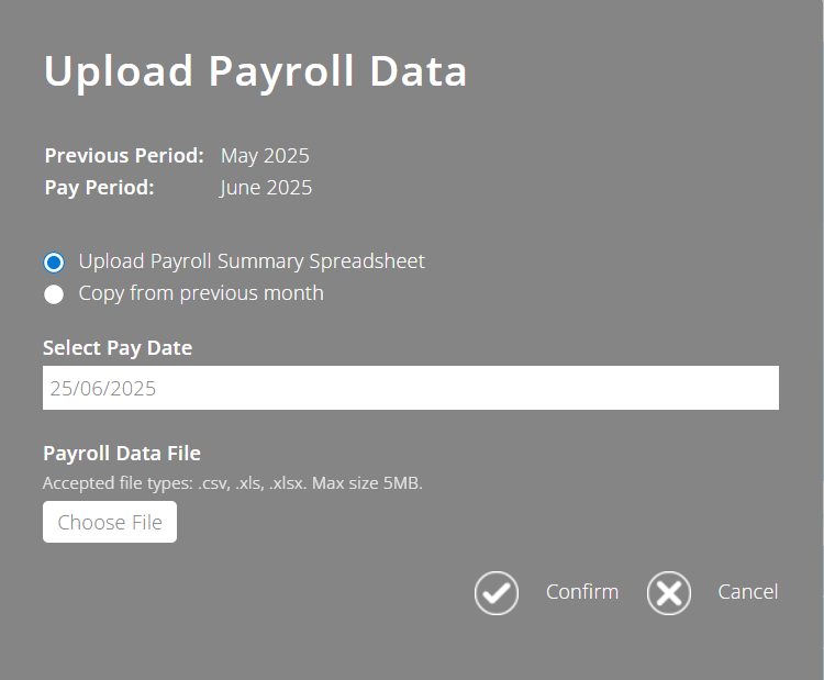ExpensePlus Upload Payroll Data pop up