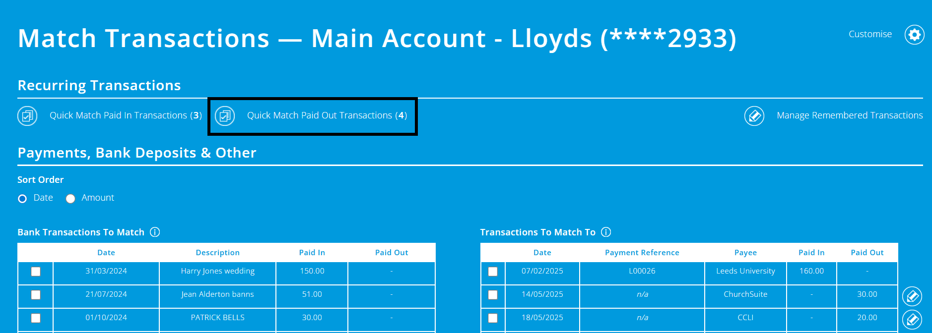 ExpensePlus screenshot of bank matching screen