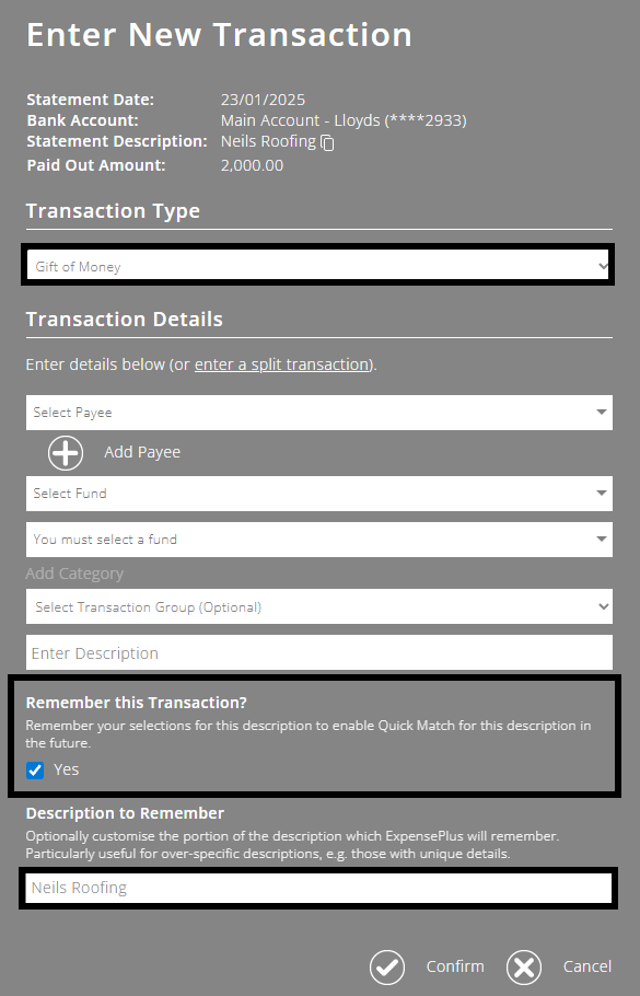 ExpensePlus screenshot of bank matching popup