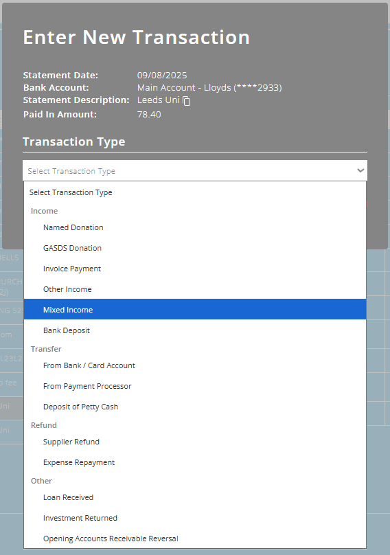 ExpensePlus screenshot of the pop-up, with 'Mixed income' highlighted