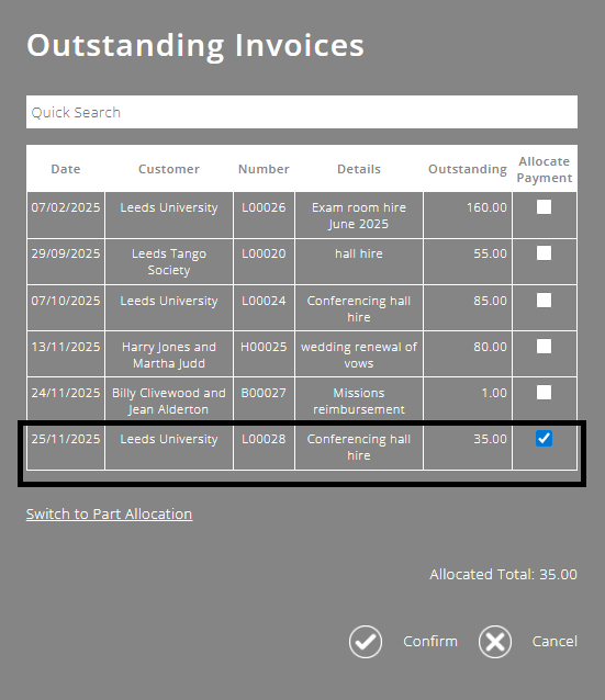 ExpensePlus screenshot of the invoices pop-up, with an invoice highlighted