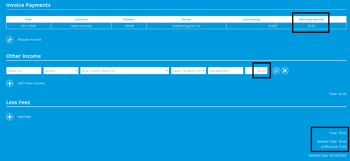 ExpensePlus screenshot of the 'Mixed Income' screen, highlighting the invoice and overpayment totals, and the overall total